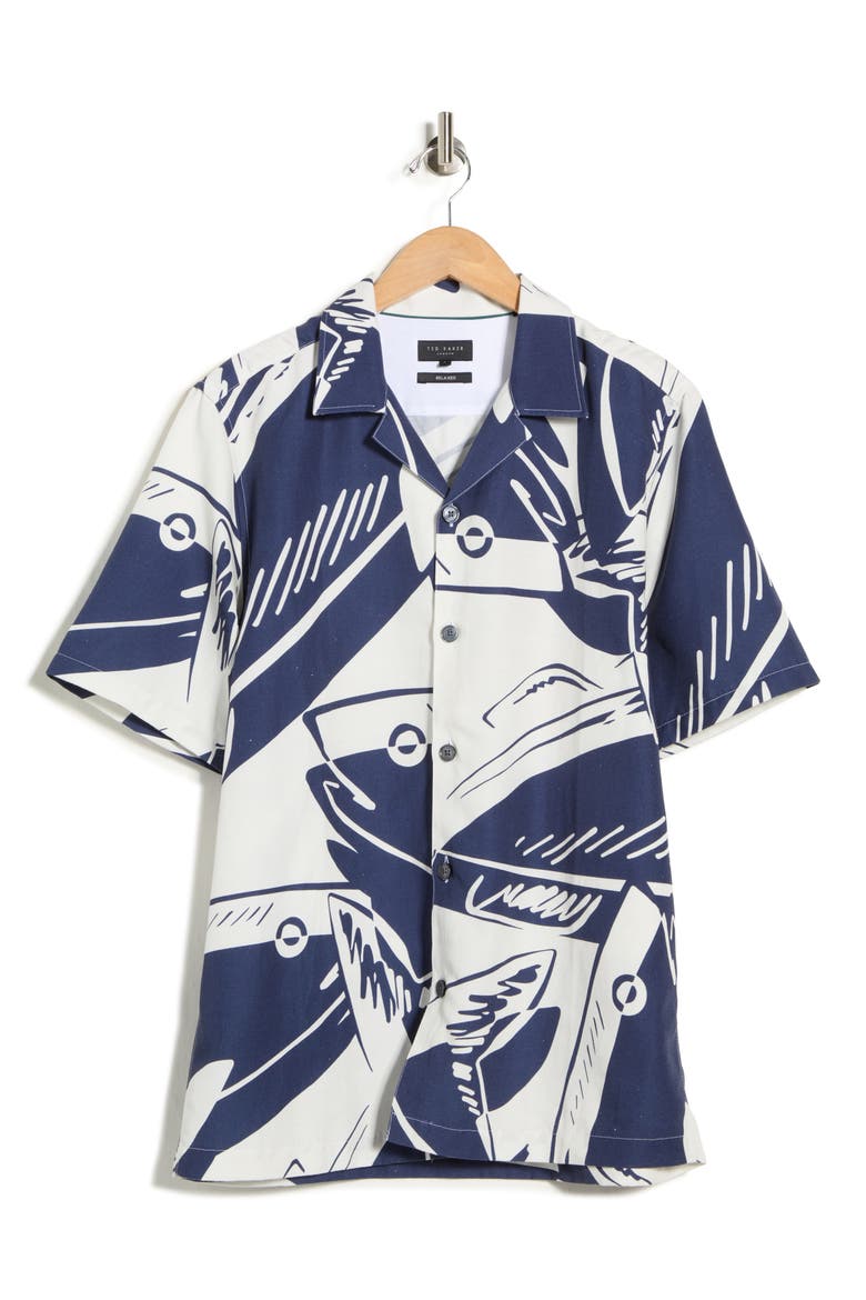 Heukels Fish Print Camp Shirt, Alternate, color, NAVY