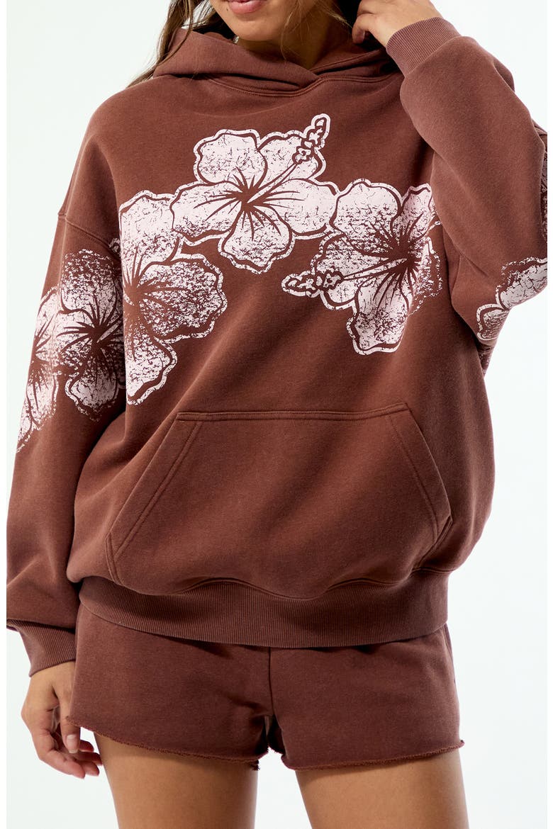 Hibiscus Print Cotton Blend Hoodie, Alternate, color, BROWN