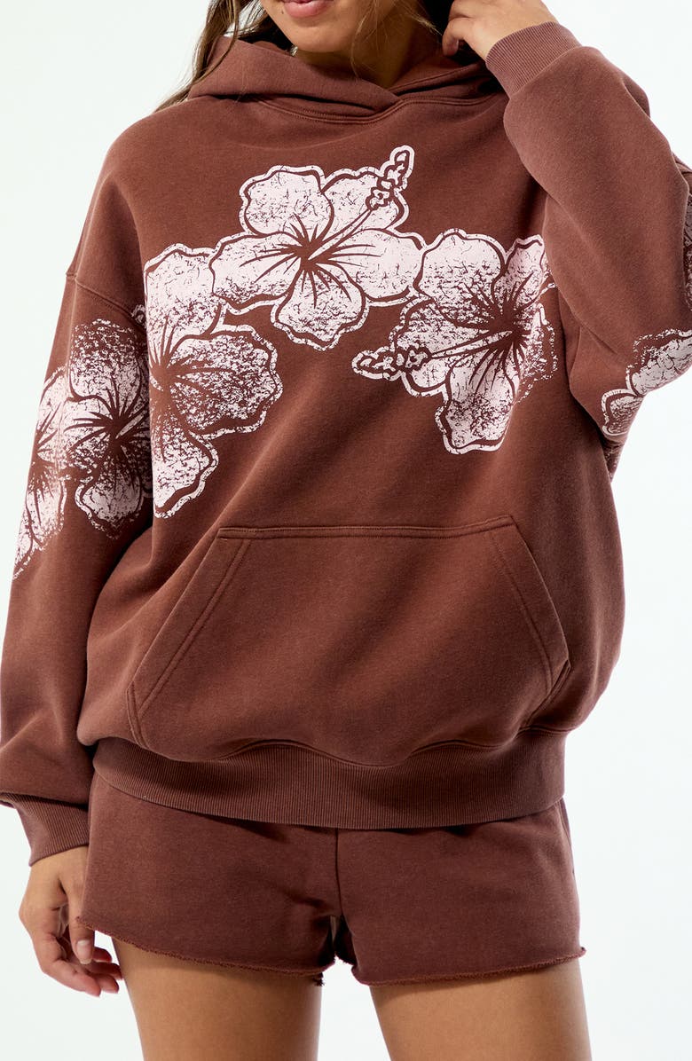 PacSun Hibiscus Print Cotton Blend Hoodie, Alternate, color, Brown