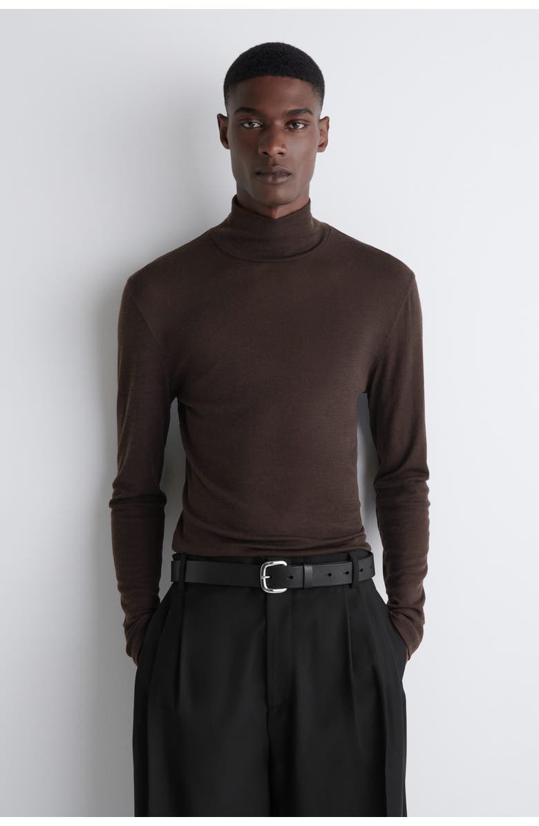 COS Slim Wool-Jersey Rollneck Top, Main, color, Dark Brown