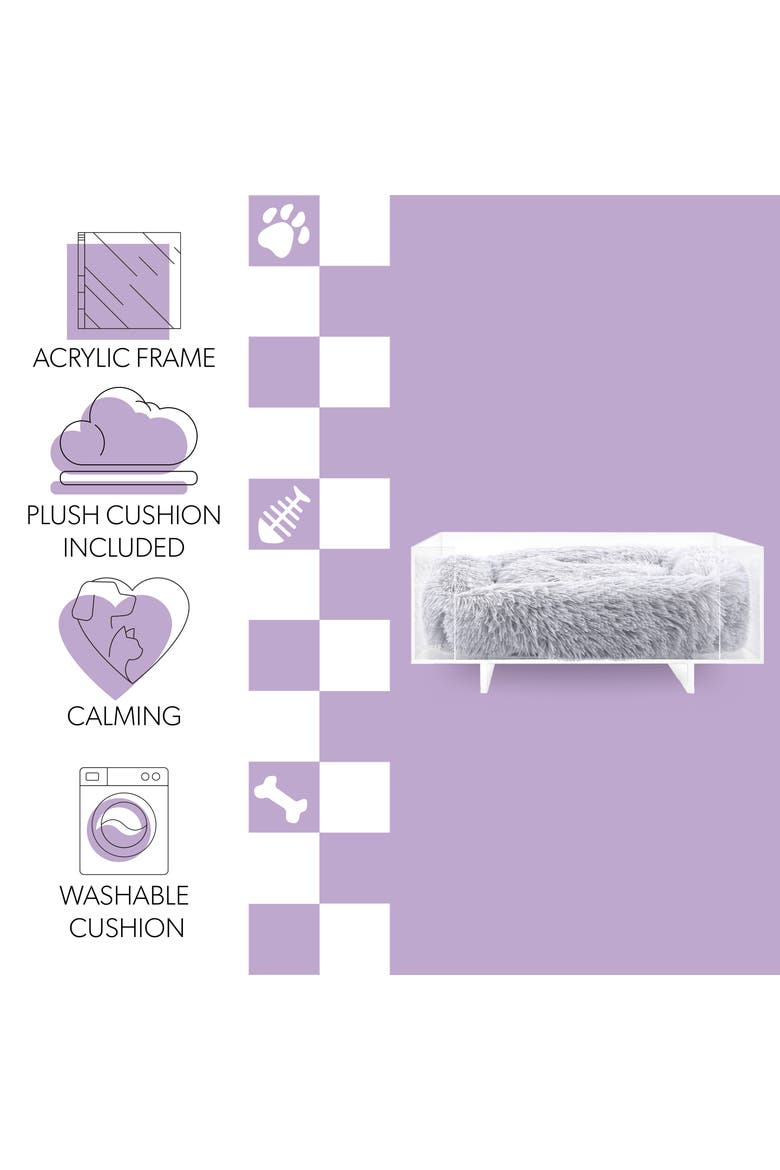 Carole 24" x 18" Small/Medium Modern Lucite Calming Fluffy Pet Bed with Washable Cushion, Alternate, color, Light Gray/Clear