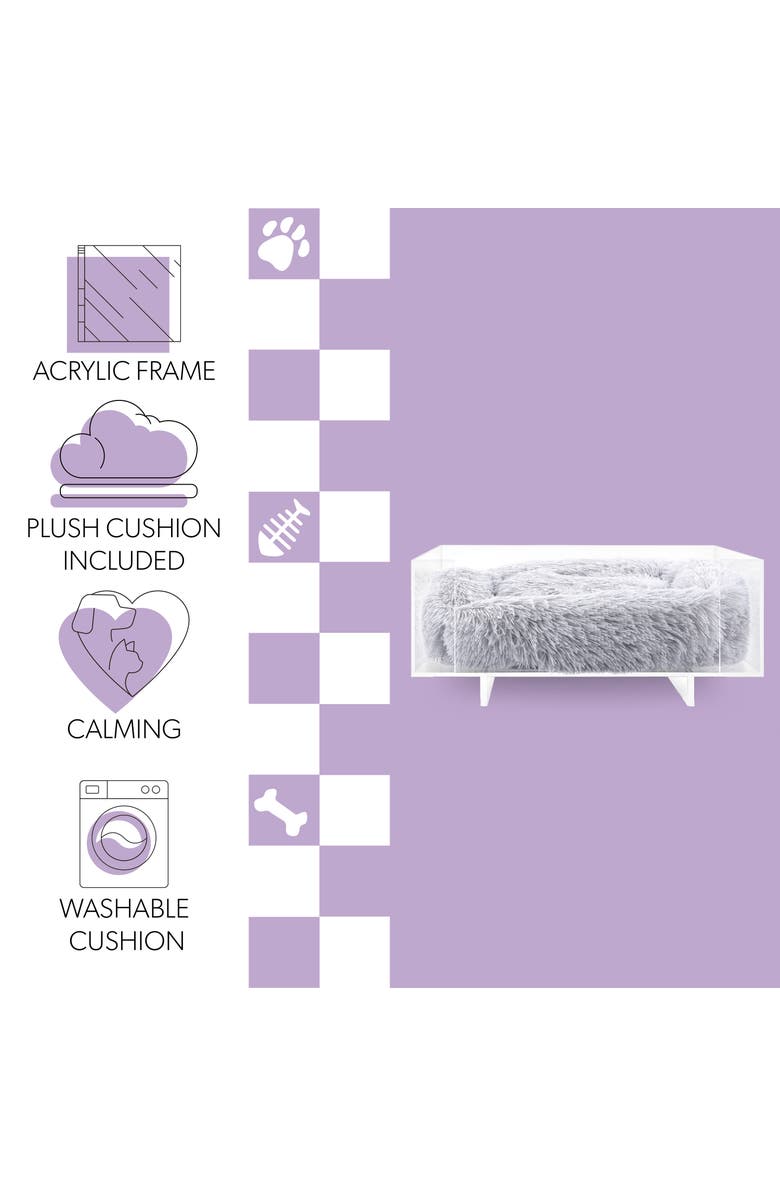 The Licker Store Carole 24" x 18" Small/Medium Modern Lucite Calming Fluffy Pet Bed with Washable Cushion, Alternate, color, Light Gray/Clear