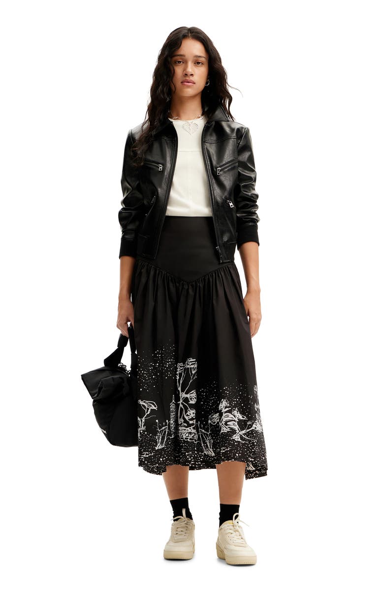 Desigual Landscape Poplin Midi Skirt, Alternate, color, Black