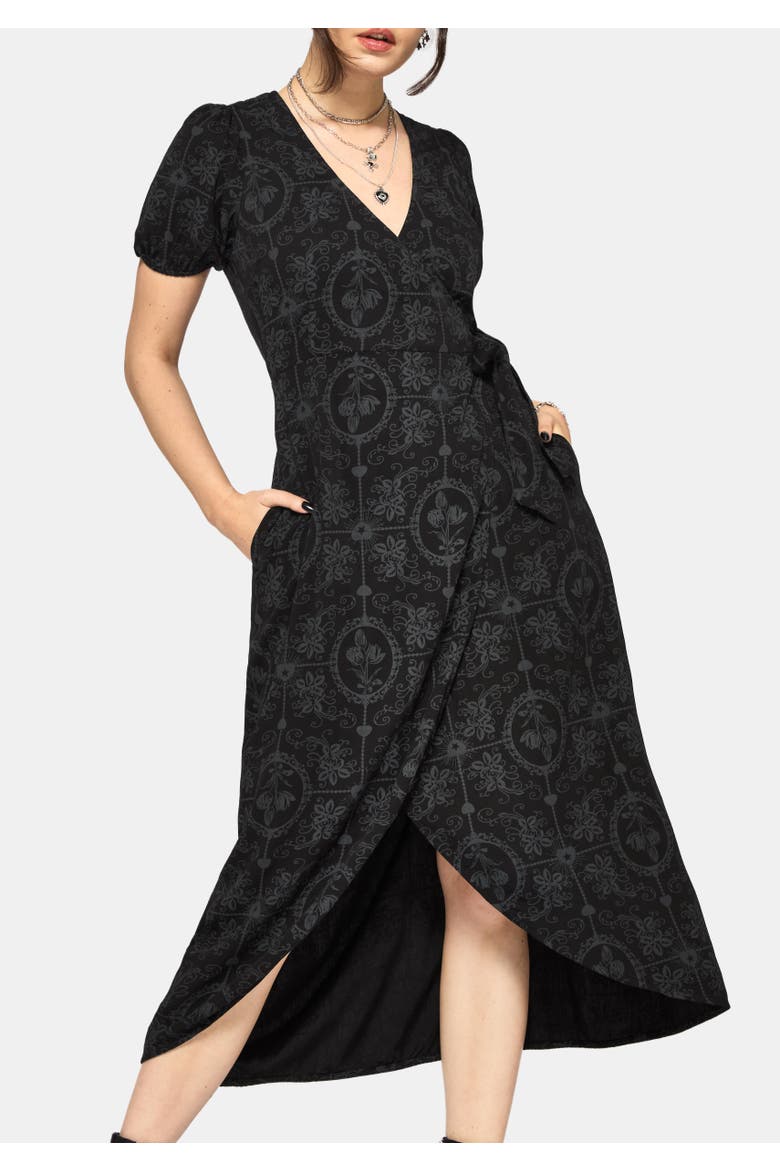 Cameo Floral Printed Wrap Dress, Alternate, color, Black