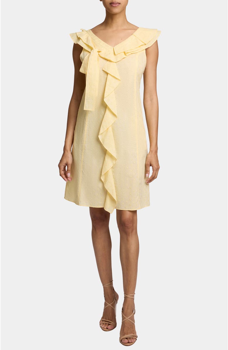 Santorelli SILVI Short Cap Sleeve Shift Dress with Ruffle Panels in Lightweight Stretch Cotton, Main, color, Chamomile