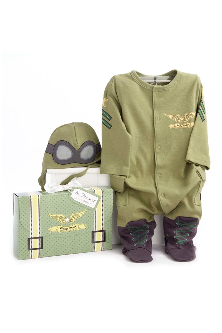 Big Dreamzzz Pilot 2-Piece Cotton Romper & Hat Gift Set, Main, color, GREEN