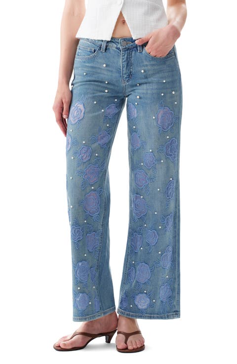 Floral Studded Mid Rise Wide Leg Jeans