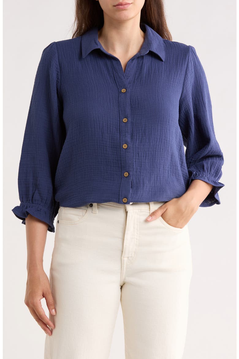 Sunset Cotton Gauze Button-Up Shirt, Main, color, NAVY TIME