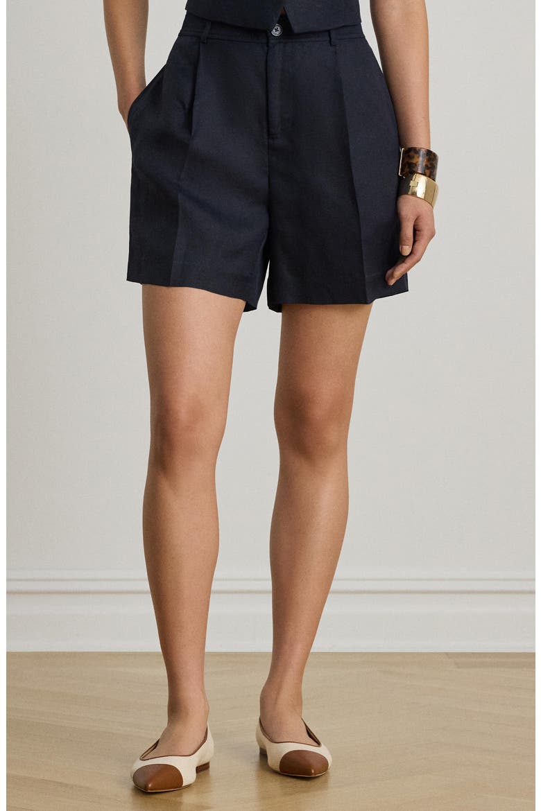 Pleated Linen Blend Twill Shorts, Alternate, color, LAUREN NAVY BLUE