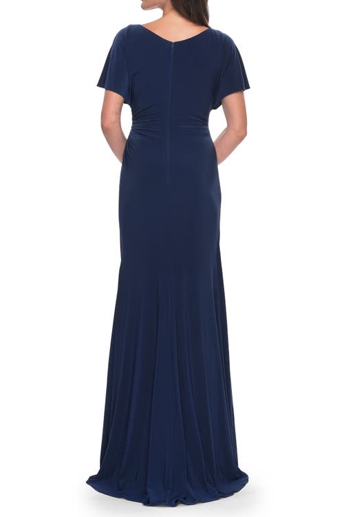 La Femme Chic Jersey Dress With V Neck And Loose Sleeves In Navy
