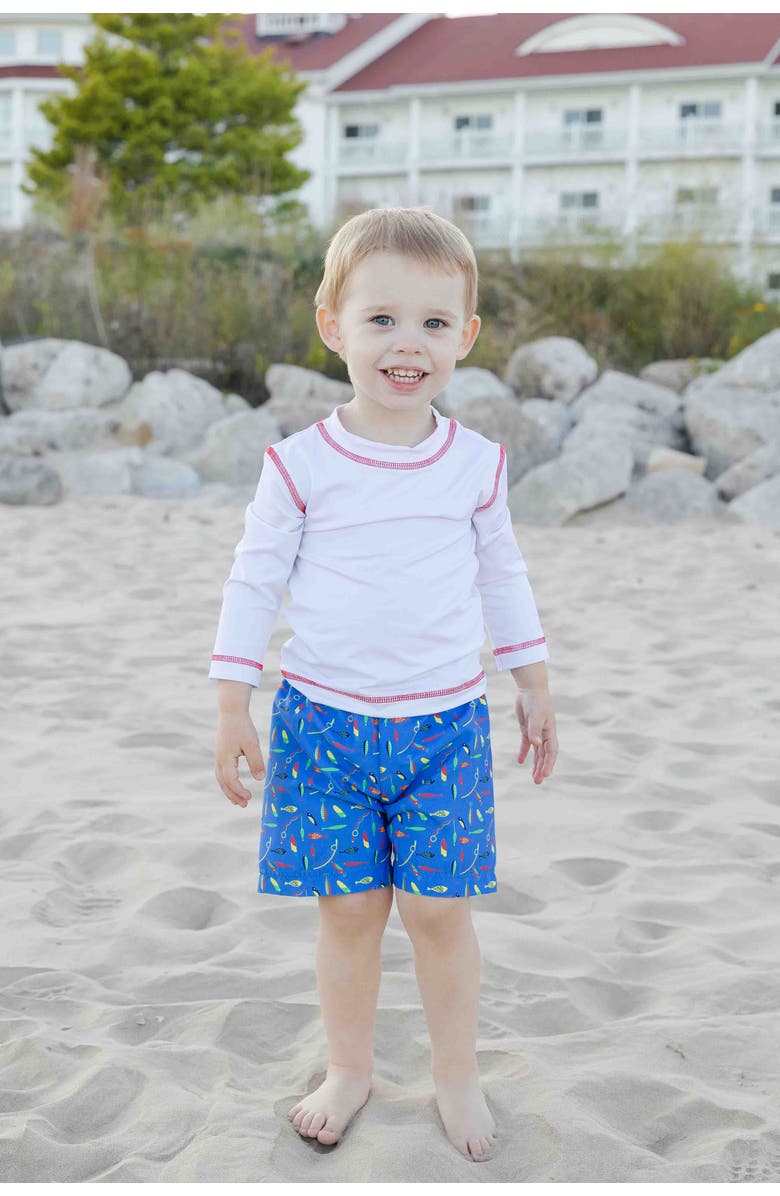 Florence Eiseman Fishing Lure Print Swim Trunk, Alternate, color, Blue/Multi