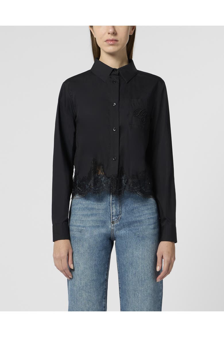 Popeline Cropped Shirt Lace Women, Main, color, black