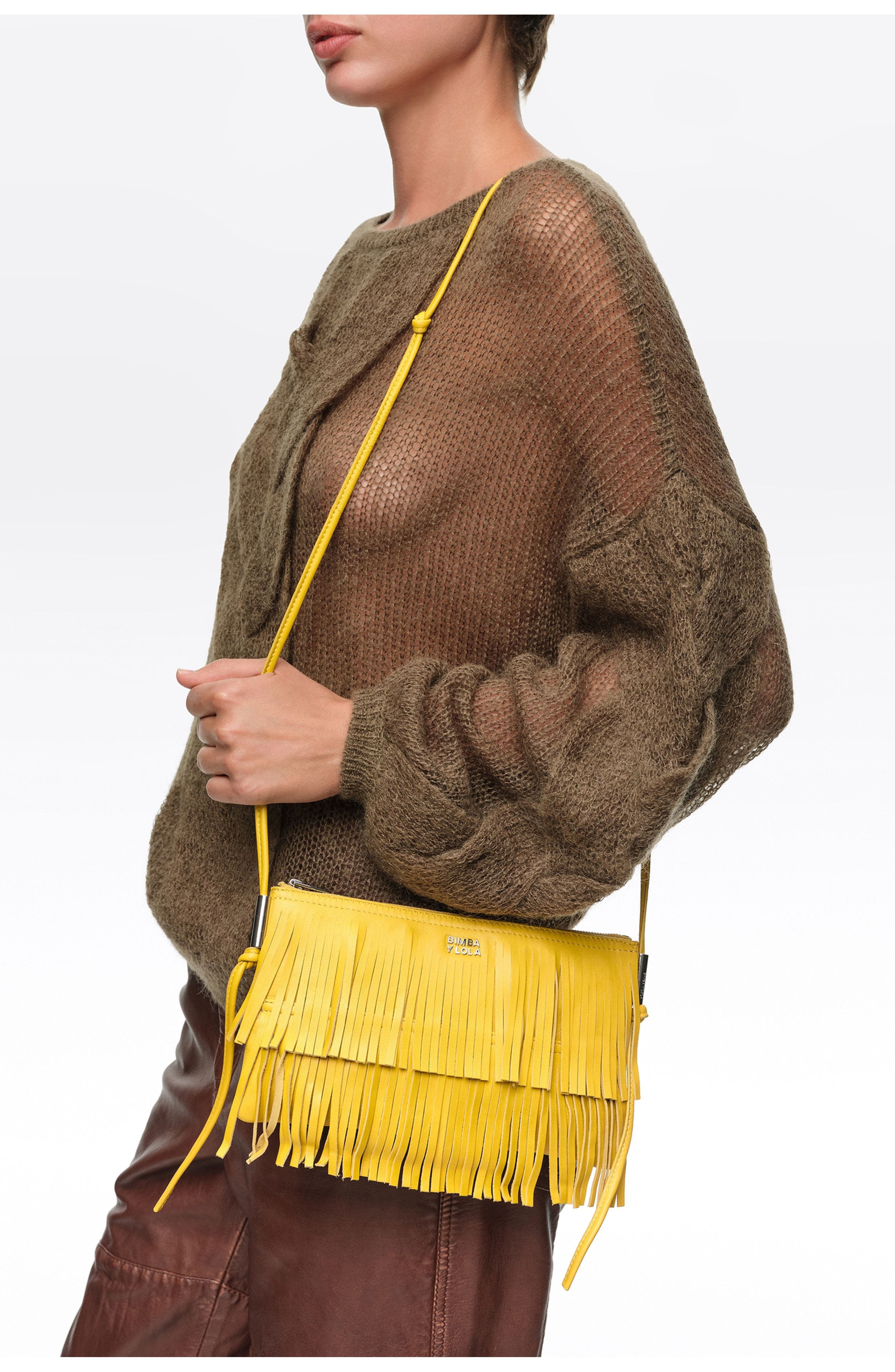Small Leather Fringed Clutch, Alternate, color, LEMON