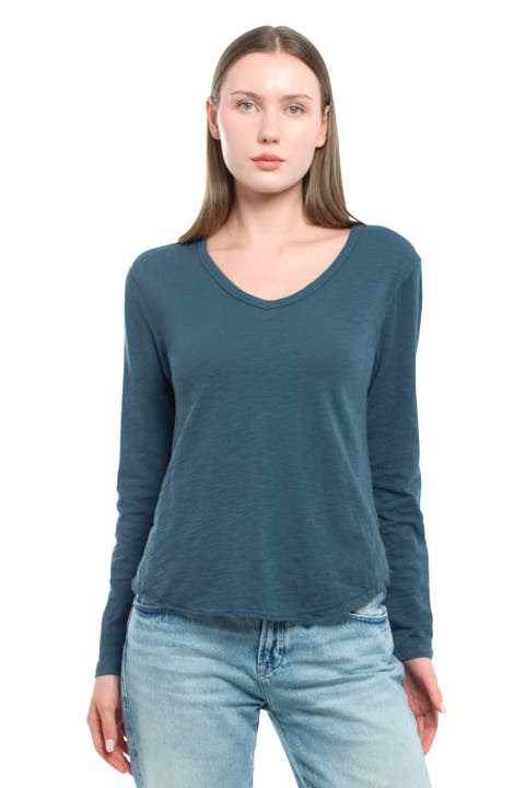 Long Sleeve V-Neck With Raw Hem Shirttail
