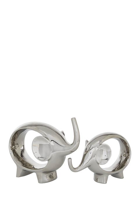 Silvertone Contemporary Elephant Sculpture - Set of 2