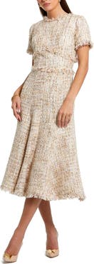 Mac Duggal Petite Boucle Short Sleeve A Line Midi Dress