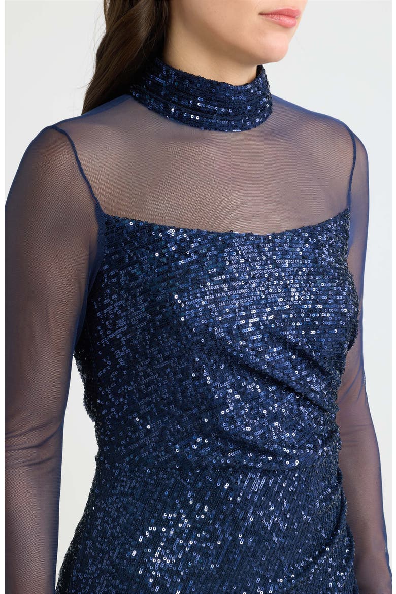 Long Sleeve Mock Neck Sequin Gown, Alternate, color, NAVY