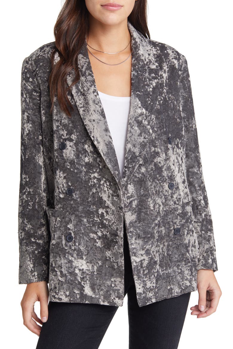 Double Breasted Crushed Velvet Blazer, Main, color, GREY PAVEMENT