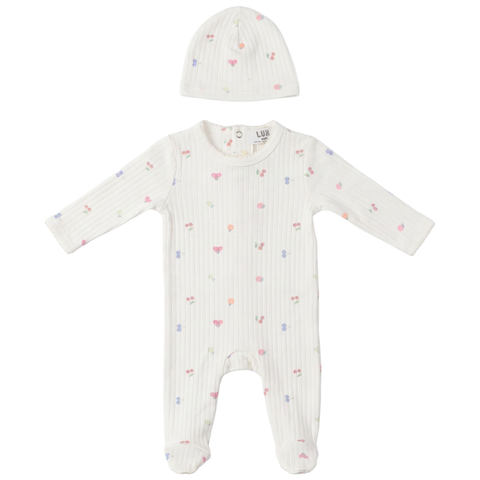 Fruit Pointelle Scallop Trim Romper and Hat Set