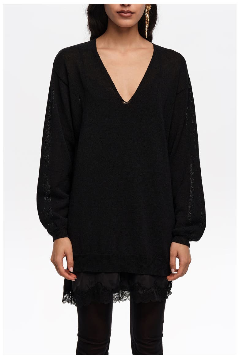 Cotton V-Neck Sweater, Main, color, BLACK