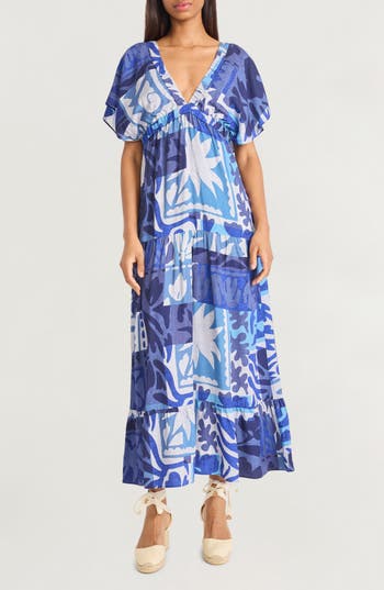 The Good Journey Flutter Sleeve Empire Waist Maxi Dress In Blue