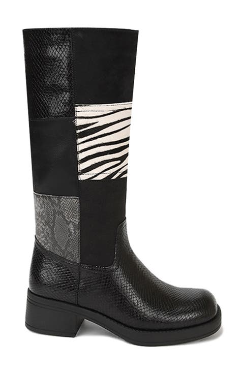 Noman Patch Animal Print Knee High Faux Leather Boot