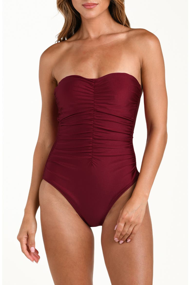 Aubrey Ruched Shimmer One-Piece Swimsuit, Main, color, BLACK CHERRY