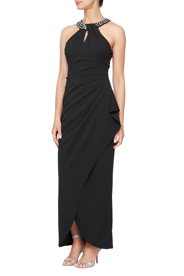Crystal Embellished Halter Neck Sleeveless Tulip Maxi Dress, Main, color, BLK