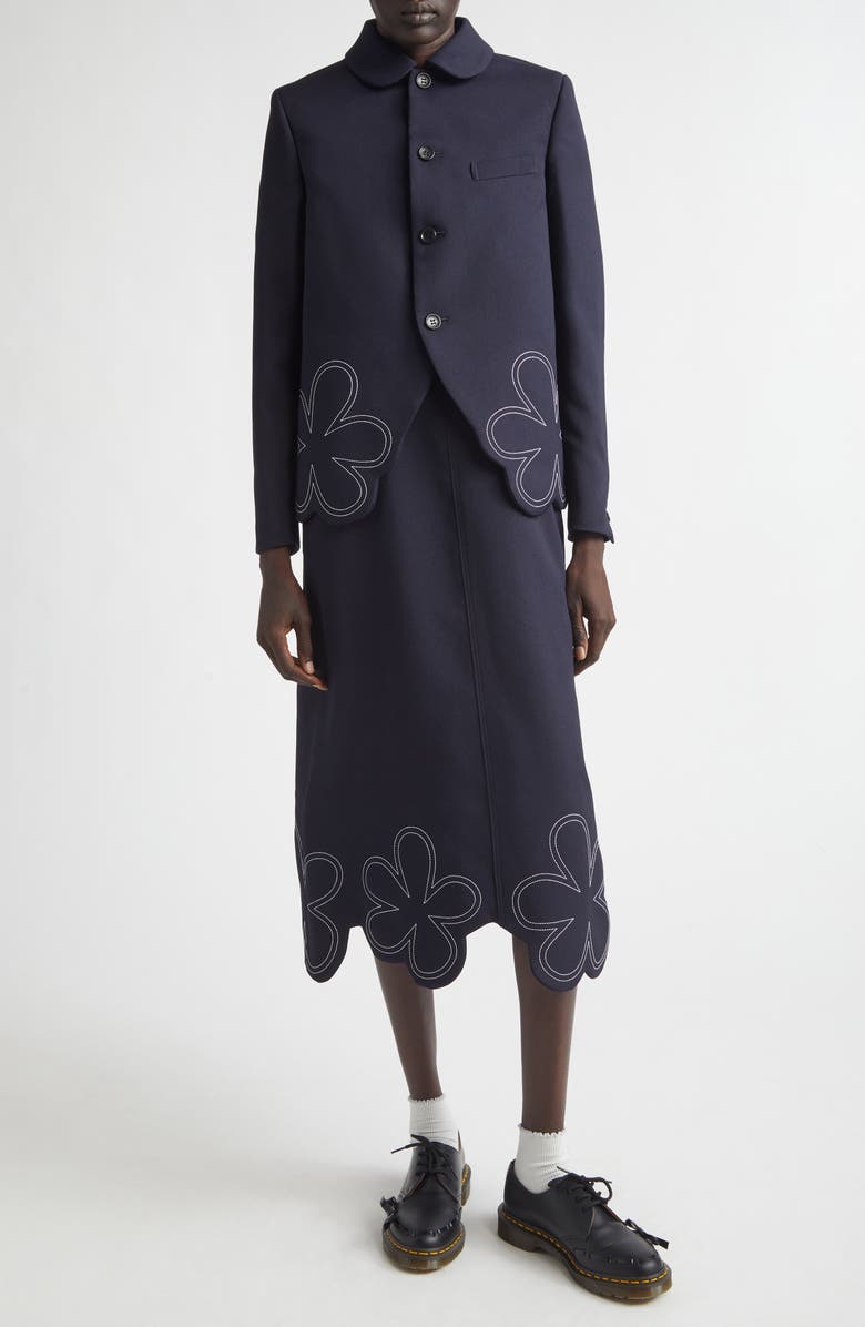 Comme des Garçons Girl Embroidered Daisy Hem Overalls Dress, Alternate, color, Navy