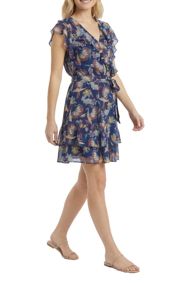 Ruffle Cap Sleeve Faux Wrap Dress, Alternate, color, NAVY/ HOLLYHOCK