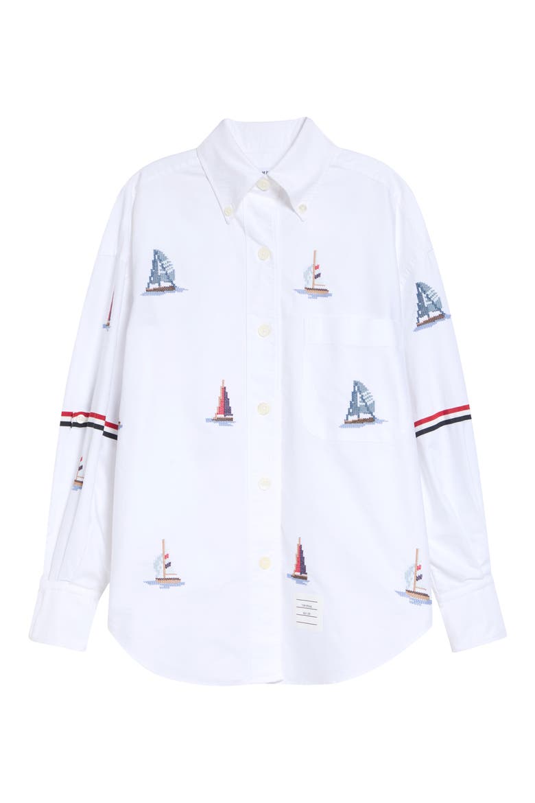 Supersize Embroidered Sailboat Button-Down Shirt, Main, color, WHITE