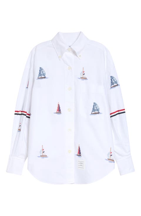 Supersize Embroidered Sailboat Button-Down Shirt