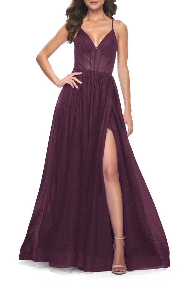 A-Line Prom Dress with Illusion Ruched Bodice, Alternate, color, Dark Berry