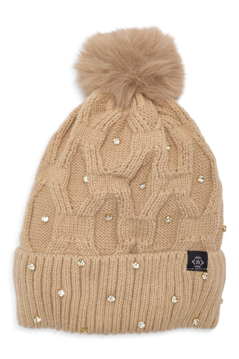 Faux Pearl Embellished Pom Beanie, Main, color, TAUPE