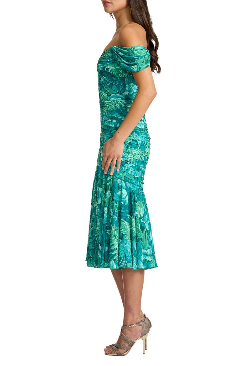 Floral Off the Shoulder Cocktail Midi Dress, Alternate, color, EMERALD GREEN/ MULTI