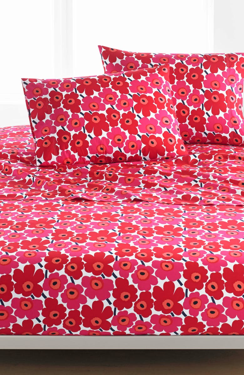Marimekko Unikko 200 Thread Count Cotton Sheet Set, Alternate, color, Dark Red