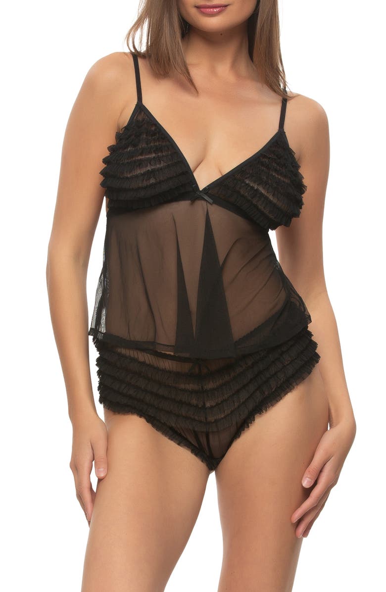 Black Bow Veil Ruffle Mesh Camisole & Briefs Set, Main, color, Black