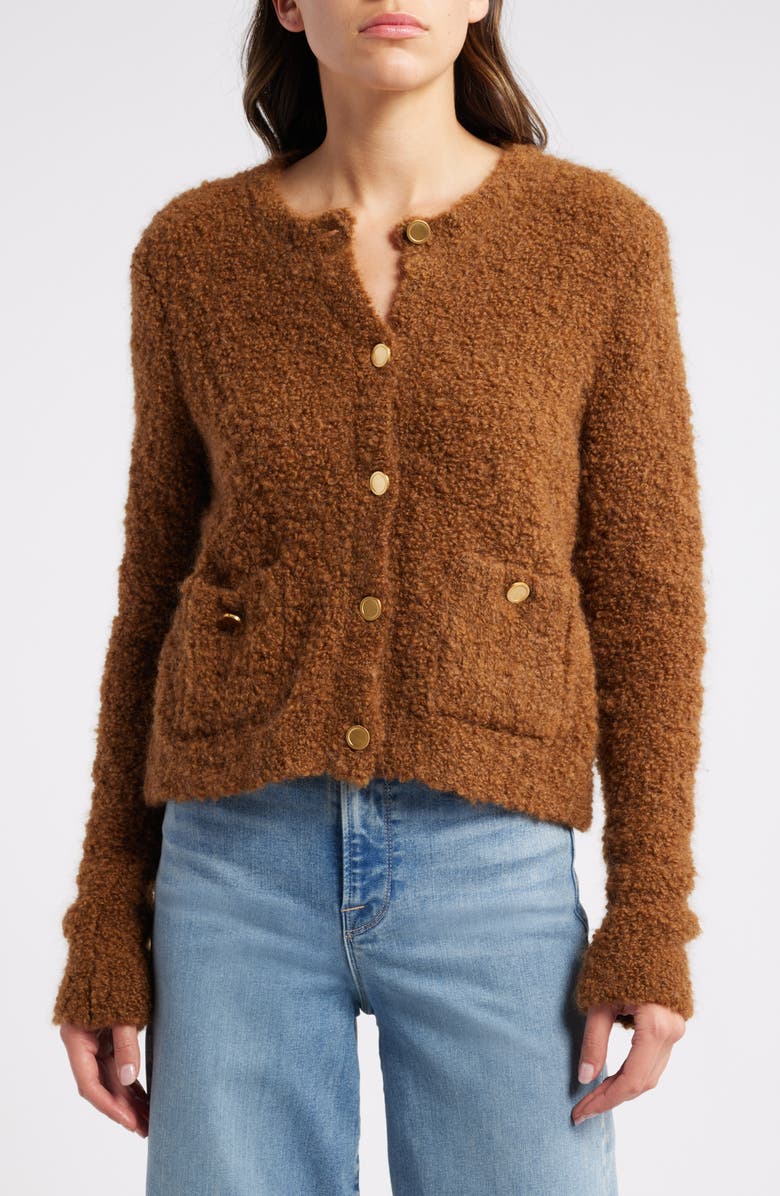 FRAME Patch Pocket Bouclé Cardigan, Main, color, Camel