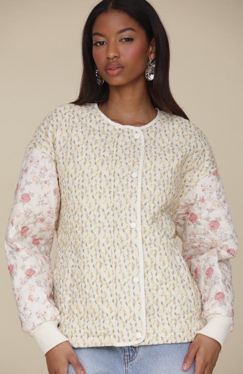 Avec Les Filles Floral Quilted Jacket In White Pink Yellow