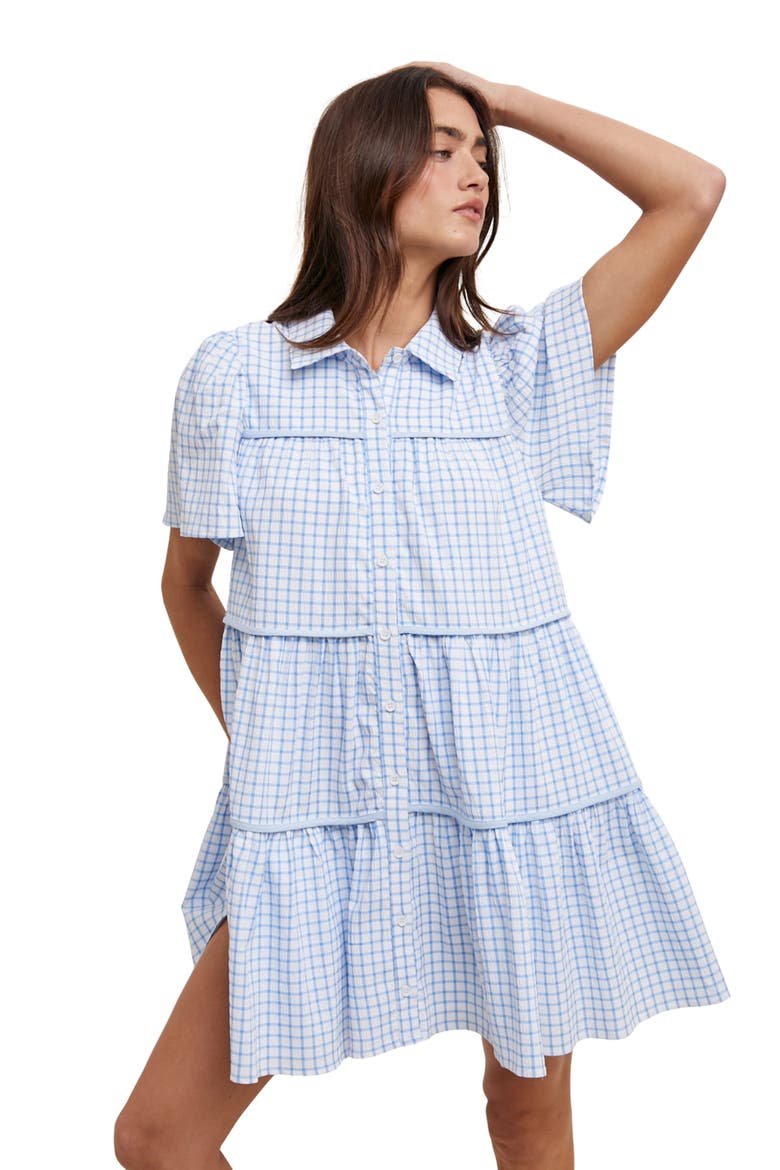 Check Print Buttoned Babydoll Dress, Alternate, color, SKY/ WHITE
