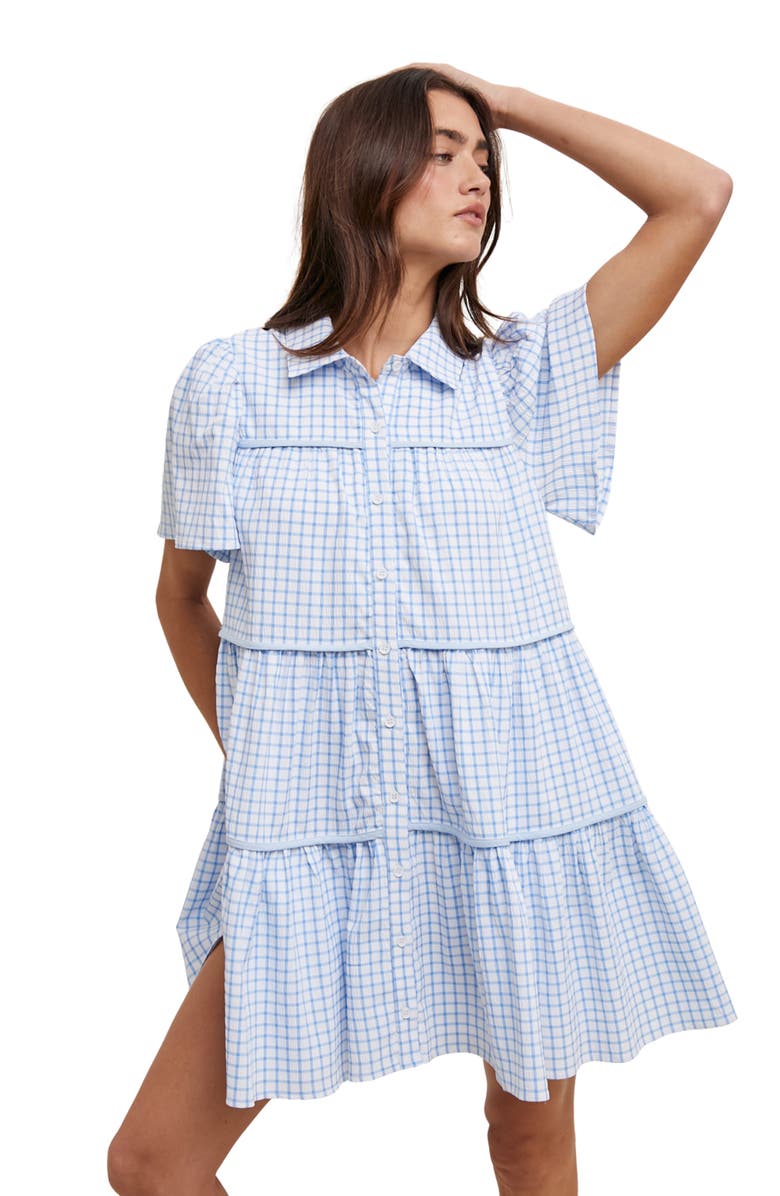 WISHLIST Check Print Buttoned Babydoll Dress, Alternate, color, Sky/ White