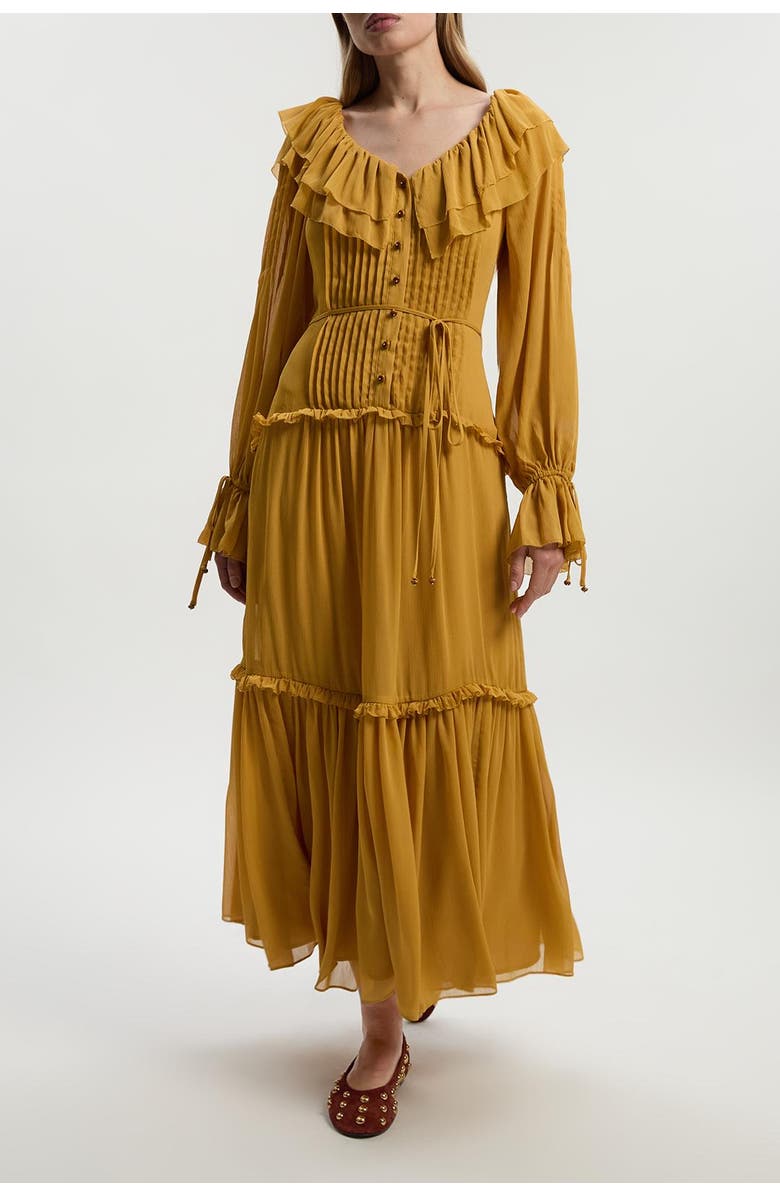 Karen Millen Georgette Ruffle Woven Maxi Dress, Alternate, color, Ochre