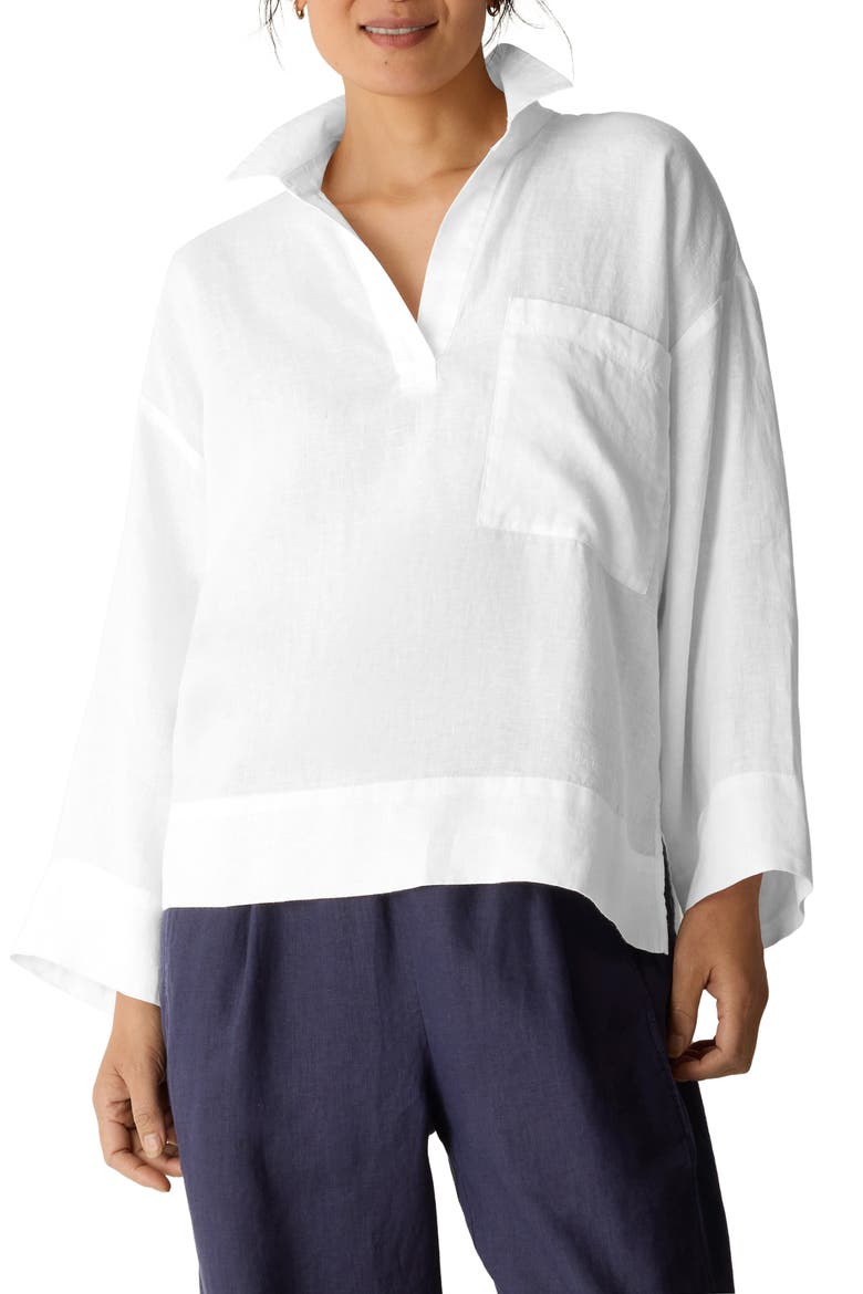 Classic Collar Organic Linen Popover Top, Main, color, WHITE