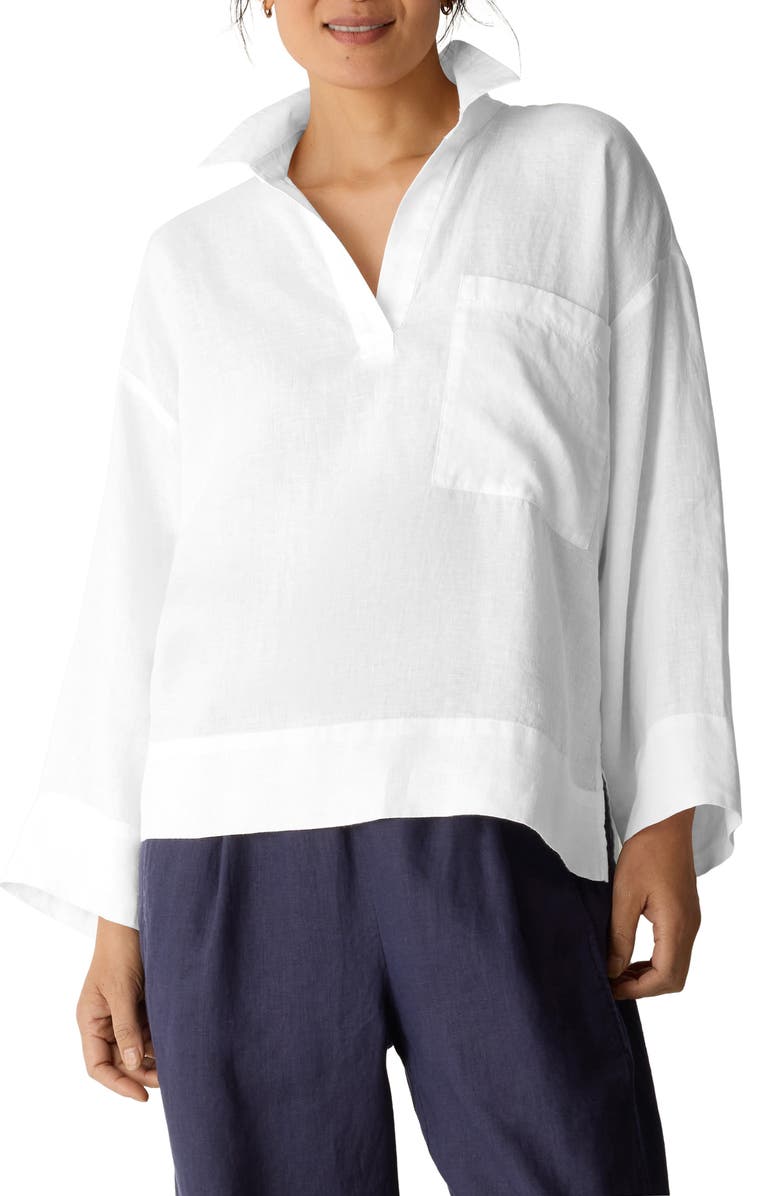 Eileen Fisher Classic Collar Organic Linen Popover Top, Main, color, White