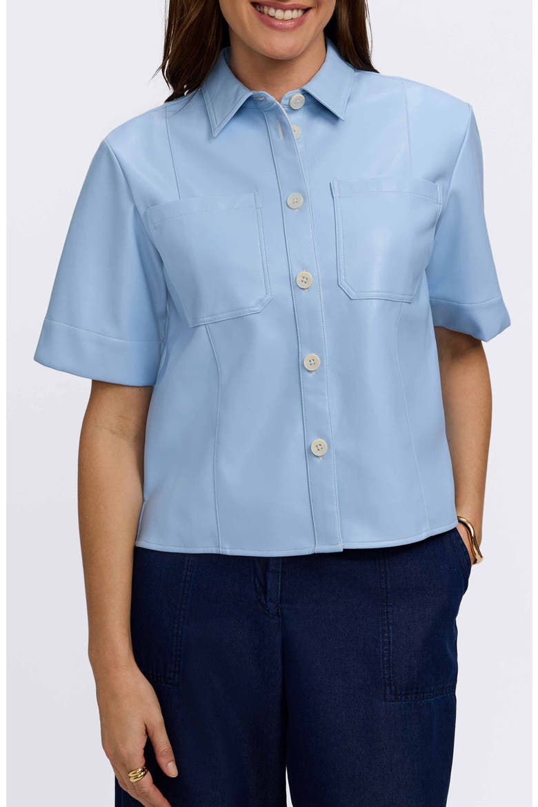 Demi Elbow Sleeve Faux Leather Button-Up Shirt, Main, color, SKY BLUE