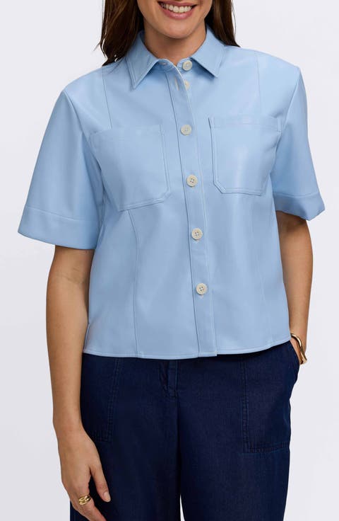 Demi Elbow Sleeve Faux Leather Button-Up Shirt