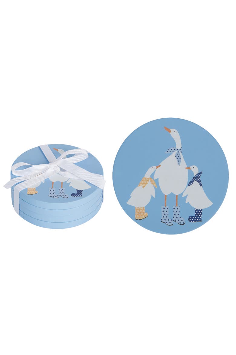 MDF Ducks in Boots Coasters Set of 4 Blue and White and Yellow for Spring Serving and Entertaining, Main, color, Multicolored