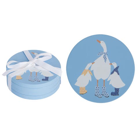MDF Ducks in Boots Coasters Set of 4 Blue and White and Yellow for Spring Serving and Entertaining