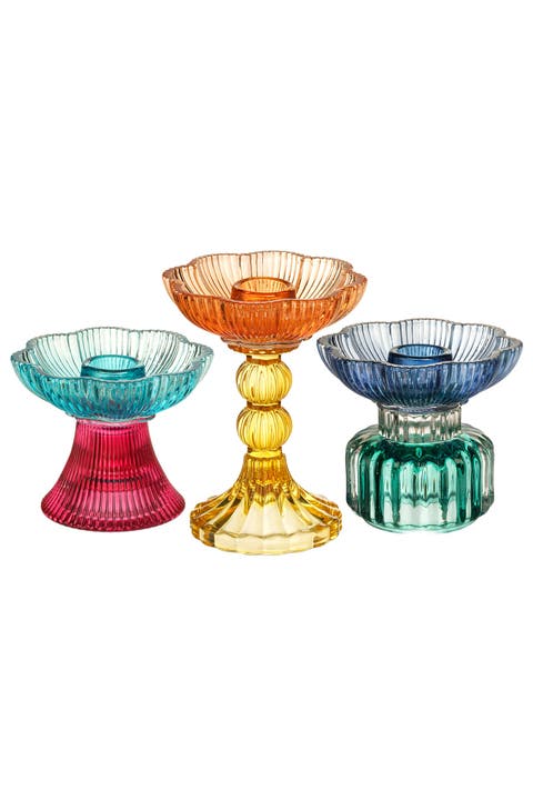 Glass Floral Type Candle Holder and Decorative Object 3 Pcs Set