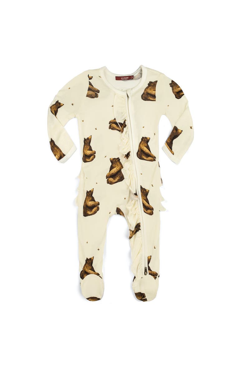 Ruffle Zipper Footed Romper, Main, color, Honey Bear